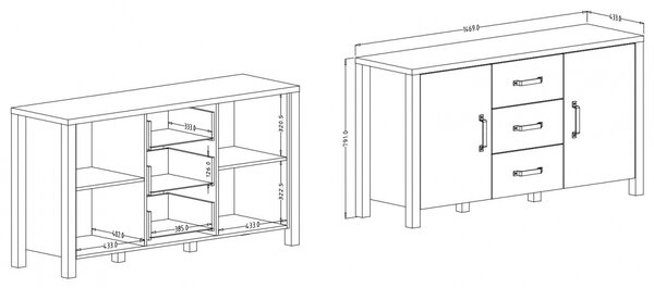 Komoda Olin 26 150 cm z szufladami - dąb karmelowy / czarny supermat - Oferta Limitowana