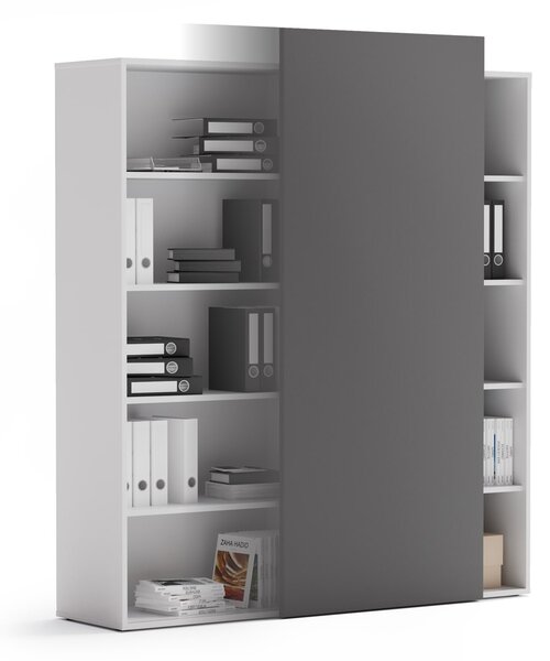 Regał biurowy z przesuwnym panelem BLOCK, 1600 x 400 x 1748 mm, grafitowy