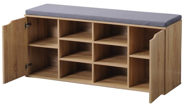 Półka na buty z siedziskiem z 2 drzwiczkami i 6 przegródkami 103 x 48 x 30,5 cm, dekor dębowy KESPER
