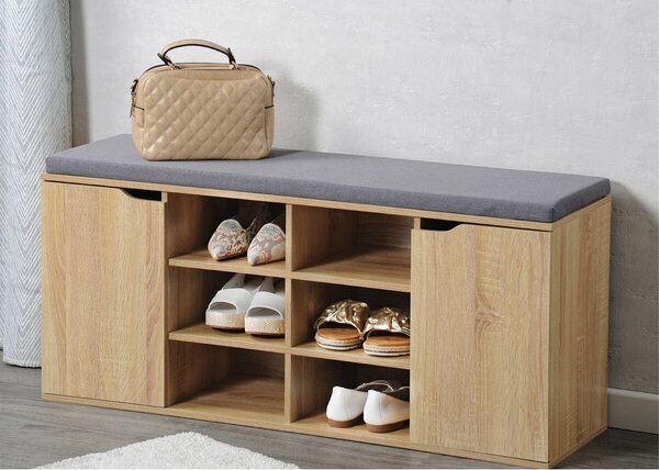 Półka na buty z siedziskiem z 2 drzwiczkami i 6 przegródkami 103 x 48 x 30,5 cm, dekor dębowy KESPER