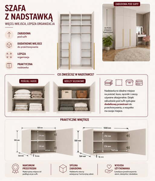 Trzydrzwiowa szafa do sypialni z nadstawką | Umeblowana.com