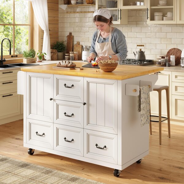Wyspa kuchenna na kółkach, wymiary 120x73x93 cm, biała wyspa kuchenna wykonana z MDF i metalu, wyposażona w składaną powierzchnię roboczą, pięć szuflad, dwie drzwiczki oraz półkę na przyprawy