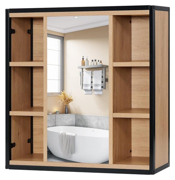 Lustro do łazienki – szafka wisząca z lustrem – 60 x 58 x 16 cm – czarny kolor z elementami imitującymi drewno