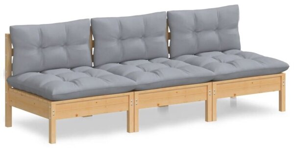 Sofa 3-osobowa ogrodowa z szarymi poduszkami, drewno sosnowe