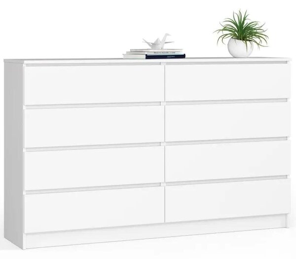 Komoda do sypialni, 8 szuflad, STILO, 160x40x99 cm, biel, mat | TYLETEGOTU