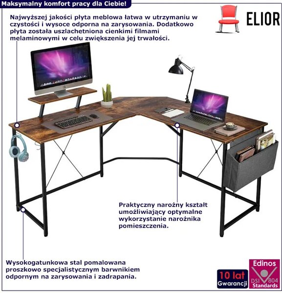 Duże biurko komputerowe narożne z nadstawką na monitor dąb D8-W95