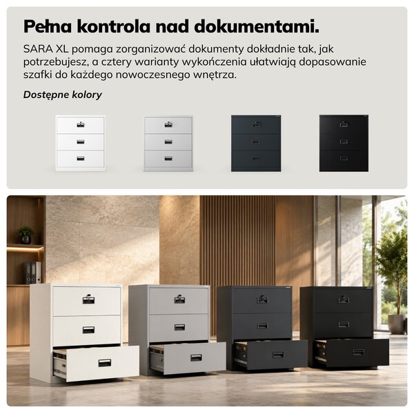Szafa kartotekowa metalowa z 3 szufladami czarna, 900x1020x600 mm: SARA XL V3