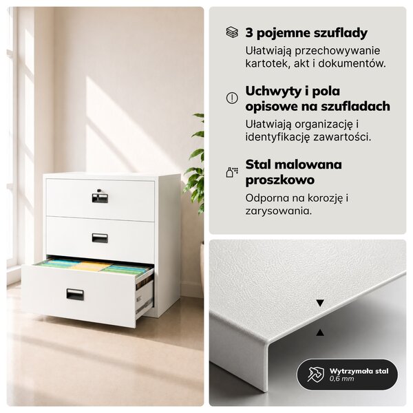 Szafa kartotekowa metalowa z 3 szufladami biała, 900x1020x600 mm: SARA XL V3