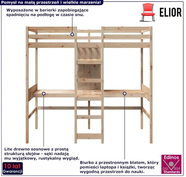 Sosnowe łóżko piętrowe z podwójnym blatem na dole 75x190 E2-B86