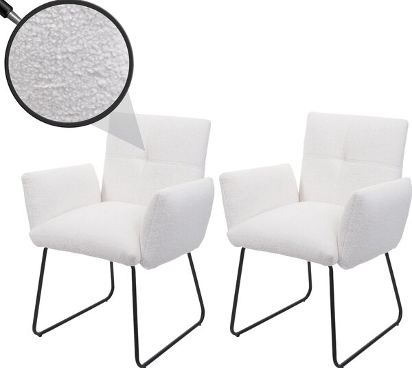 Zestaw 2 krzeseł do jadalni, model HWC-K34, krzesło kuchenne, tapicerowane krzesło, krzesło z podłokietnikami, tkanina bouclé/materiał, metal, kolor biały