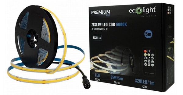 Taśma LED 320 COB 24V IP20 6000K 5m ściemnialna zestaw ze sterownikiem i zasilaczem Ecolight