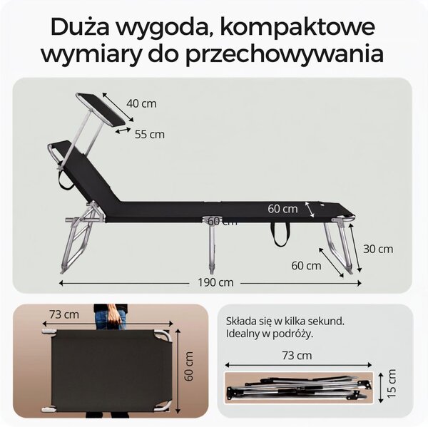 Leżak ogrodowy HAWAII z regulowanym daszkiem, 195x60x30cm, czarny Casaria