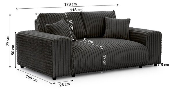 Ciemnoszara sztruksowa sofa 178 cm Justin – Ropez