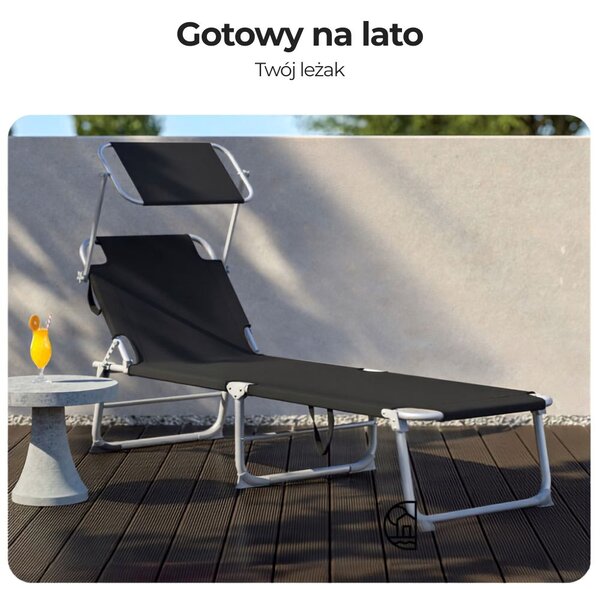 Leżak ogrodowy HAWAII z regulowanym daszkiem, 195x60x30cm, czarny Casaria