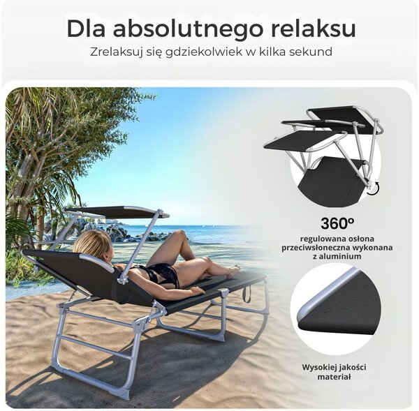 Leżak ogrodowy HAWAII z regulowanym daszkiem, 195x60x30cm, czarny Casaria