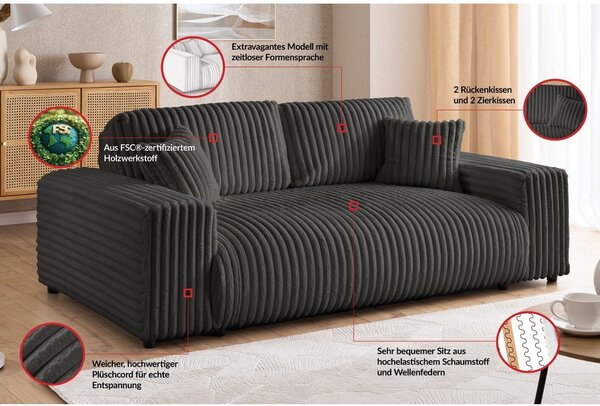 Ciemnoszara sztruksowa sofa 178 cm Justin – Ropez
