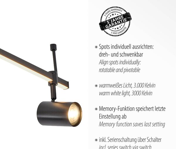 Paul Neuhaus Reflektor sufitowy LED Barik, 188 cm, regulowany Barik, czarny, salon / jadalnia, metal