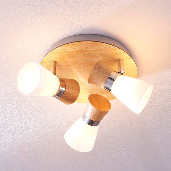 Lampa sufitowa Lindby Vivica, Ø 26 cm, chrom/drewno, 3-punktowa Vivica Lindby, możliwość ściemniania, jasne drewno, salon / jadalnia, drewno, skandynawski