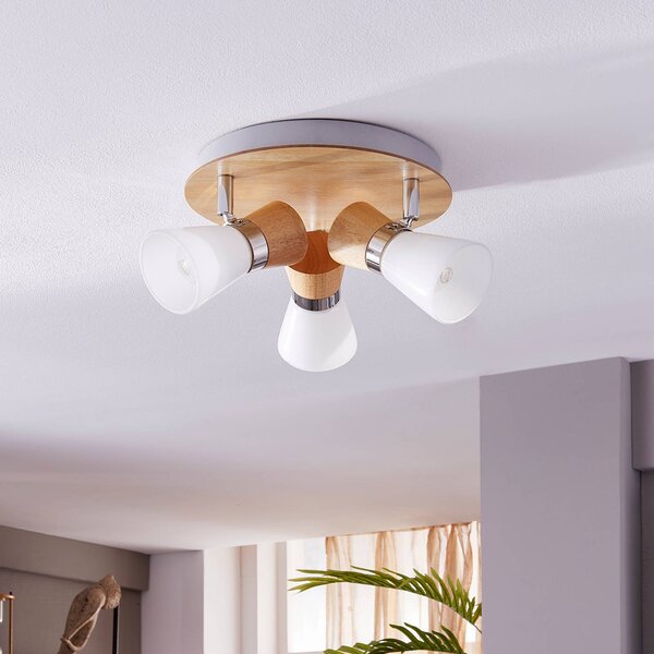 Lampa sufitowa Lindby Vivica, Ø 26 cm, chrom/drewno, 3-punktowa Vivica Lindby, możliwość ściemniania, jasne drewno, salon / jadalnia, drewno, skandynawski