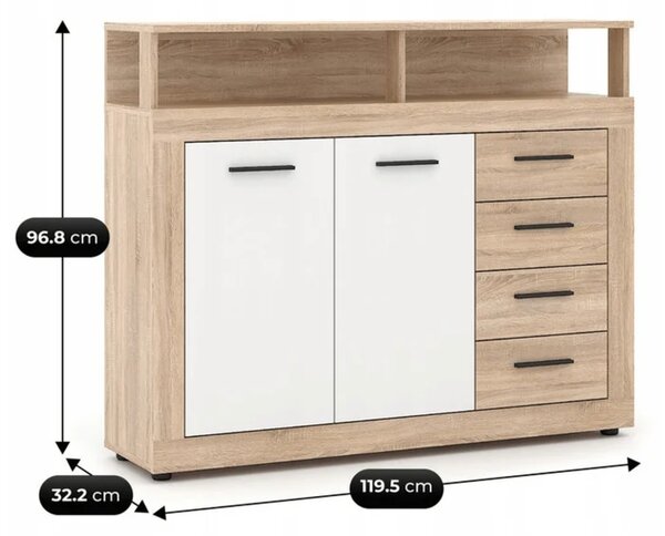 Komoda Dwudrzwiowa BLAGO MIDI A 119,5 cm z Szufladami Dąb Sonoma/Biały Nowoczesna