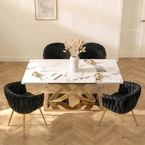 Stół Rozkładany Prostokątny IBIZA 160-240 cm Ceramiczny Biały Marmur/Złoty do Jadalni Glamour