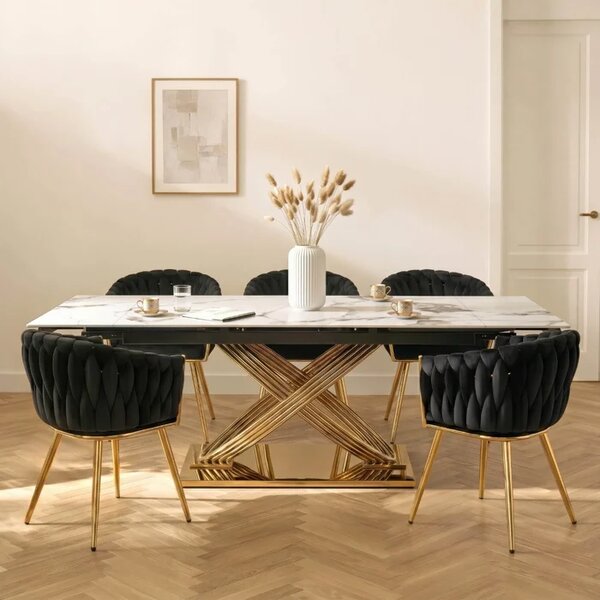 Stół Rozkładany Prostokątny IBIZA 160-240 cm Ceramiczny Biały Marmur/Złoty do Jadalni Glamour