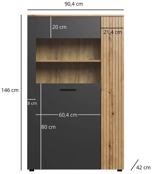 Niska witryna szklana grafit + dąb evok D6-B43