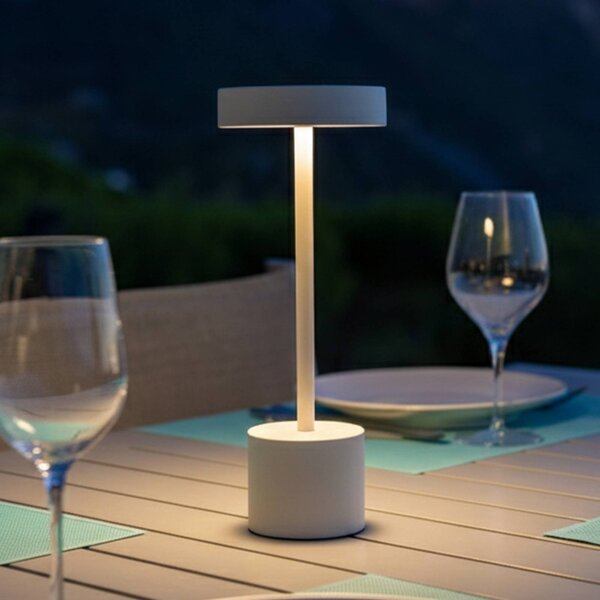 Lumisky Lampa stołowa LED z akumulatorem Roby, biała, wysokość 30 cm, IP54 możliwość ściemniania, biały / opal, aluminium, nowoczesny