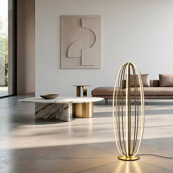 Paul Neuhaus Lampa stojąca Elvara, możliwość ściemniania, brązowy / mosiężny, salon / jadalnia, aluminium