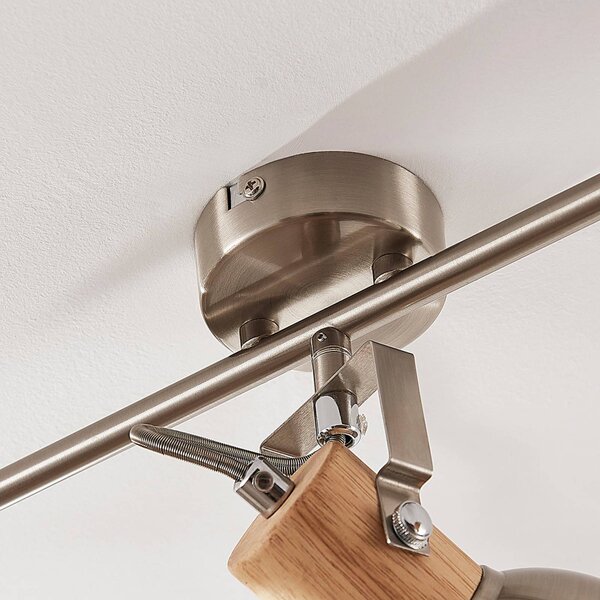 Lampa sufitowa Dennis z drewnem, 3-pkt. podłużna Lindby, możliwość ściemniania, aluminiowy / szary / cynkowy, kuchnia, metal, nowoczesny