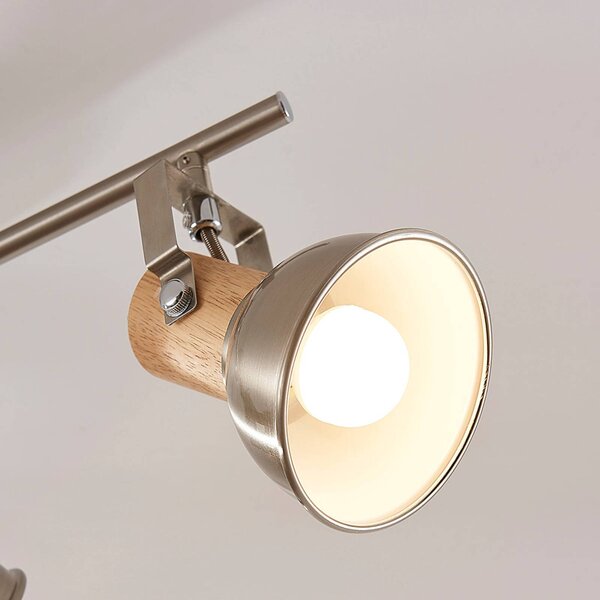 Lampa sufitowa Dennis z drewnem, 3-pkt. podłużna Lindby, możliwość ściemniania, aluminiowy / szary / cynkowy, kuchnia, metal, nowoczesny