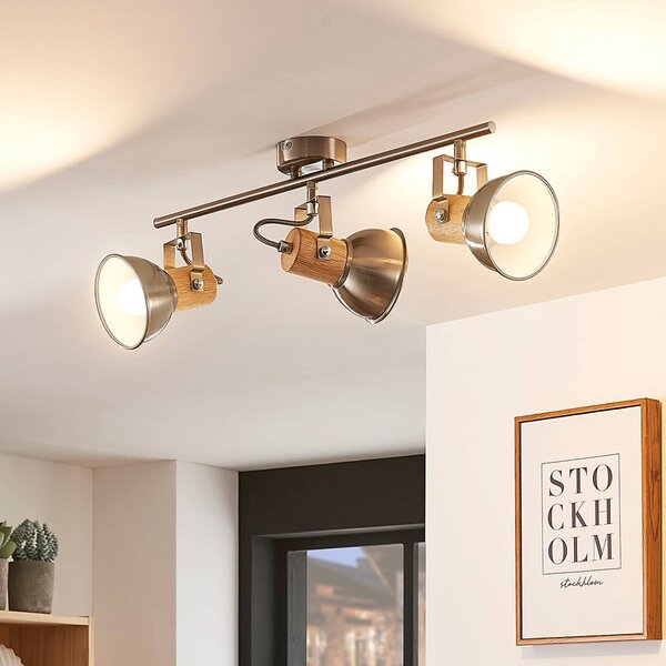 Lampa sufitowa Dennis z drewnem, 3-pkt. podłużna Lindby, możliwość ściemniania, aluminiowy / szary / cynkowy, kuchnia, metal, nowoczesny
