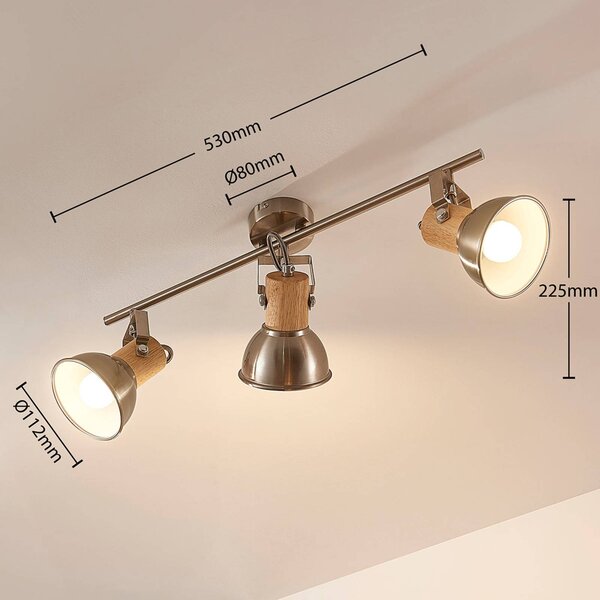 Lampa sufitowa Dennis z drewnem, 3-pkt. podłużna Lindby, możliwość ściemniania, aluminiowy / szary / cynkowy, kuchnia, metal, nowoczesny