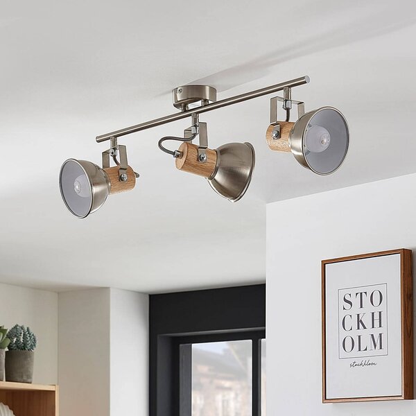 Lampa sufitowa Dennis z drewnem, 3-pkt. podłużna Lindby, możliwość ściemniania, aluminiowy / szary / cynkowy, kuchnia, metal, nowoczesny