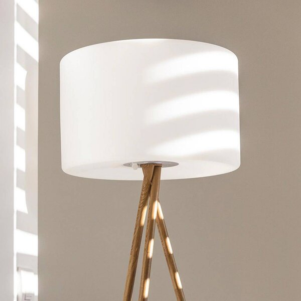 Lumisky Lampa stojąca LED Tamboury na akumulator, biało-brązowa, wysokość 150 cm, stal Tamboury, możliwość ściemniania, jasne drewno, metal
