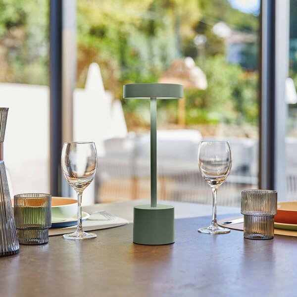 Lumisky Lampa stołowa LED na akumulator Roby, oliwkowo-zielona, wysokość 30 cm, IP54 możliwość ściemniania, zielony, aluminium, nowoczesny