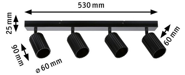 Paulmann Reflektor sufitowy Lirena, czarny matowy, długość 53 cm, 4-punktowa możliwość ściemniania, czarny, salon / jadalnia, metal, nowoczesny