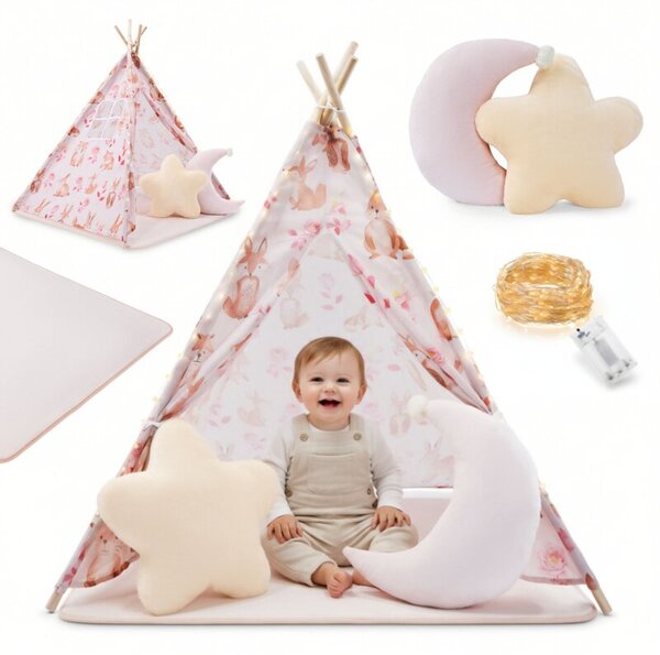 Tipi - namiot dla dziecka do pokoju z dywanem, poduszkami i światełkami LED - 135cm, różowy