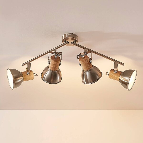 Lampa sufitowa Dennis z drewna, 4-punktowa. Lindby, możliwość ściemniania, aluminiowy / szary / cynkowy, kuchnia, metal, nowoczesny