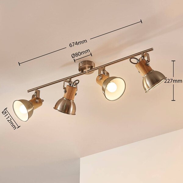 Lampa sufitowa Dennis z drewna, 4-punktowa. Lindby, możliwość ściemniania, aluminiowy / szary / cynkowy, kuchnia, metal, nowoczesny
