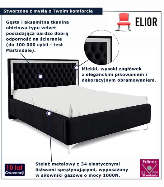 Czarne łóżko w stylu glamour z pojemnikiem na pościel R7-R47