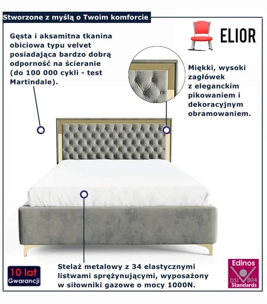 Szare łóżko tapicerowane z pikowanym zagłówkiem N5-G94