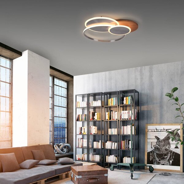 Paul Neuhaus Lampa sufitowa LED Palma, możliwość ściemniania, ciemne drewno, salon / jadalnia, aluminium