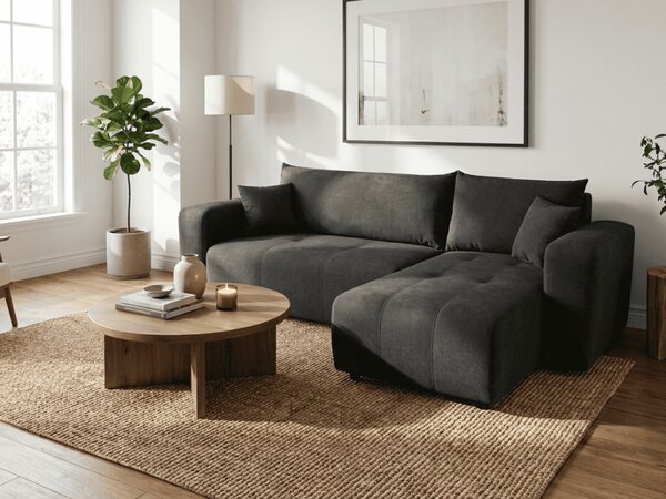 Czarna rozkładana narożna sofa SORELA, dwustronna + 2 poduszki GRATIS