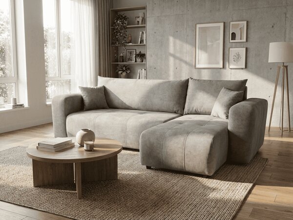 Jasnoszara rozkładana narożna sofa SORELA, dwustronna + 2 poduszki GRATIS