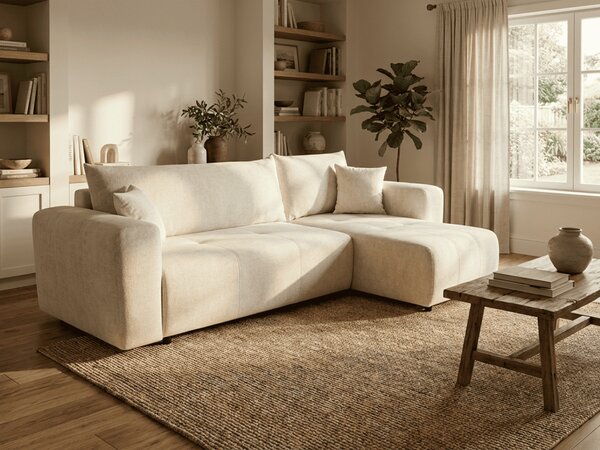 Kremowa rozkładana narożna sofa SORELA, dwustronna + 2 poduszki GRATIS