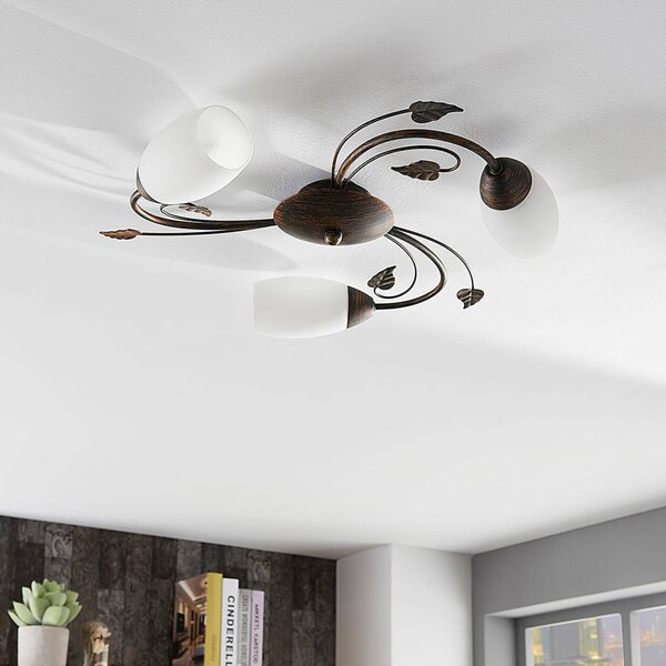 Lampa sufitowa Stefania Lindby, możliwość ściemniania, brązowy / rdzawy, salon / jadalnia, szkło, antyczny