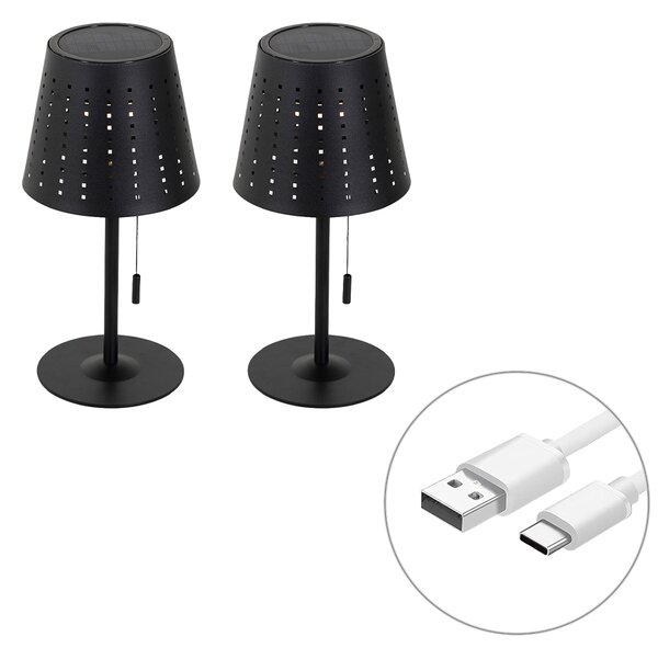 Zestaw 2 lamp stołowych czarnych, w tym LED, 3-stopniowy ściemniacz, ładowanie i energia słoneczna - Ferre