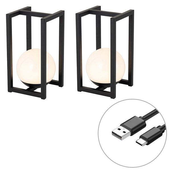 Zestaw 2 lamp stołowych zewnętrznych czarnych z dotykowym ładowaniem - Nowi