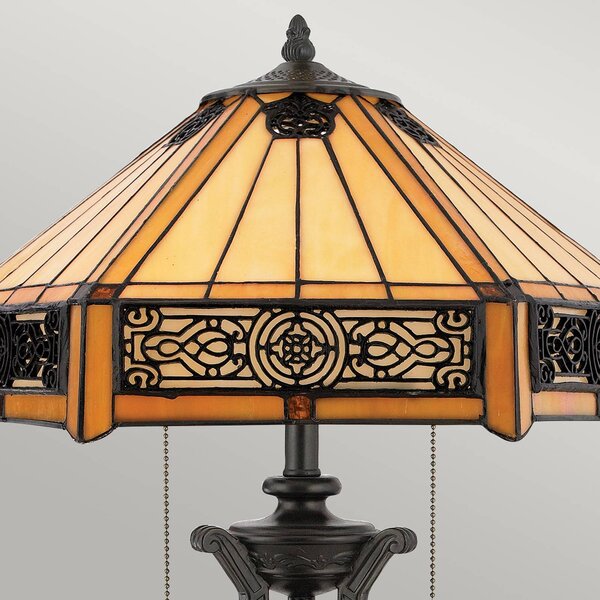 QUOIZEL Lampa stołowa tiffany Indus, brązowy / mosiężny, salon / jadalnia, szkło, tiffany